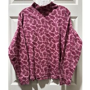 Lands End Pink Burgundy Paisley Mock Neck Long Sleeve Cotton Top Women L 14 16